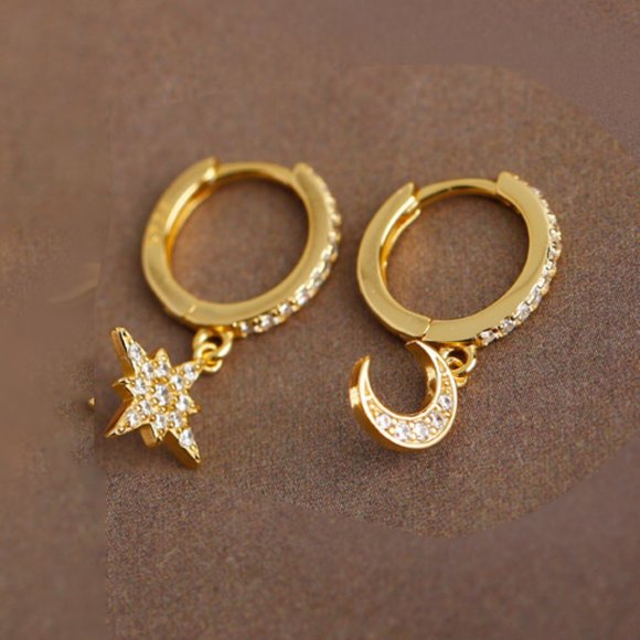 Gold Vermeil Crescent Moon Star Earrings Zodiac Asymmetric Hoop Huggie Earrings - Picture 4 of 5